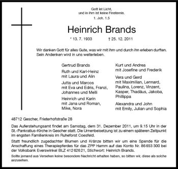 Anzeige von Heinrich Brands von Westfälische Nachrichten