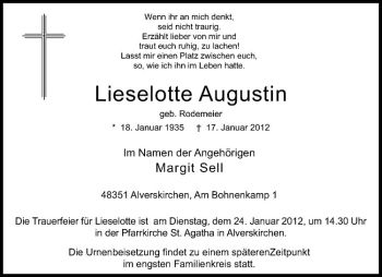 Anzeige von Lieselotte Augustin von Westfälische Nachrichten