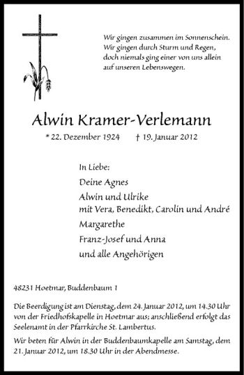 Anzeige von Alwin Kramer-Verlemann von Westfälische Nachrichten