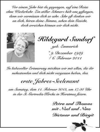 Anzeige von Hildegard Sundorf von Westfälische Nachrichten