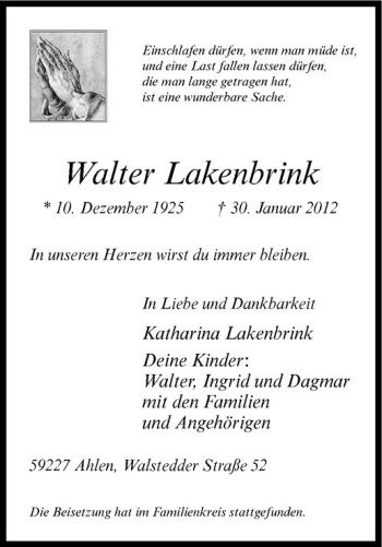 Anzeige von Walter Lakenbrink von Westfälische Nachrichten