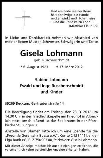 Anzeige von Gisela Lohmann von Westfälische Nachrichten