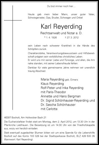 Anzeige von Karl Reyerding von Westfälische Nachrichten