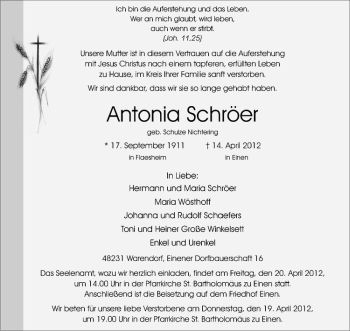 Anzeige von Antonia Schröer von Westfälische Nachrichten