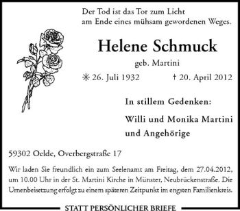 Anzeige von Helene Schmuck von Westfälische Nachrichten