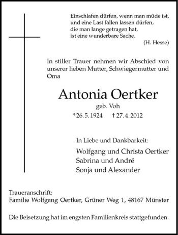 Anzeige von Antonia Oertker von Westfälische Nachrichten