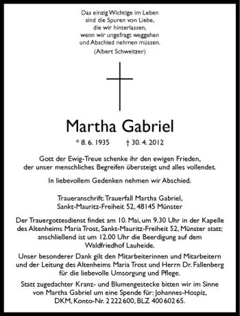 Anzeige von Martha Gabriel von Westfälische Nachrichten