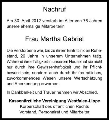 Anzeige von Martha Gabriel von Westfälische Nachrichten