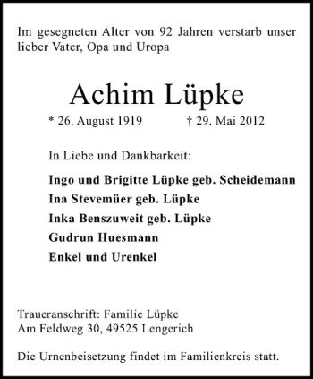 Anzeige von Achim Lüpke von Westfälische Nachrichten