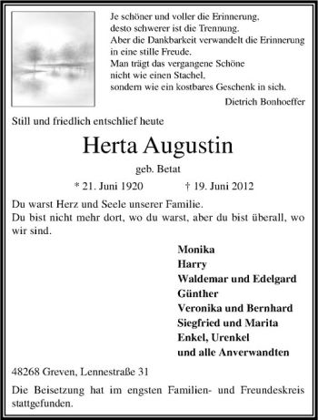 Anzeige von Herta Augustin von Westfälische Nachrichten