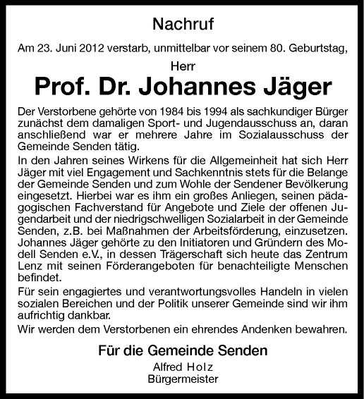  Traueranzeige für Johannes Jäger vom 29.06.2012 aus Westfälische Nachrichten