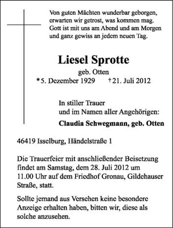 Anzeige von Liesel Sprotte von Westfälische Nachrichten