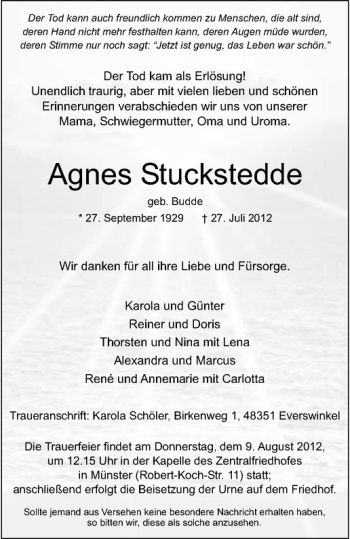 Anzeige von Agnes Stuckstedde von Westfälische Nachrichten