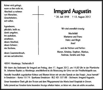 Anzeige von Irmgard Augustin von Westfälische Nachrichten