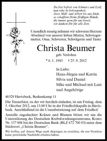 Anzeige von Christa Beumer von Westfälische Nachrichten