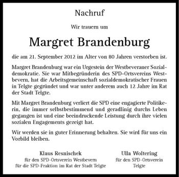 Anzeige von Margarete Brandenburg von Westfälische Nachrichten