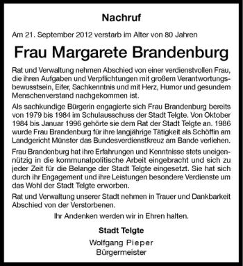 Anzeige von Margarete Brandenburg von Westfälische Nachrichten