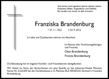 Anzeige von Franziska Brandenburg von Westfälische Nachrichten