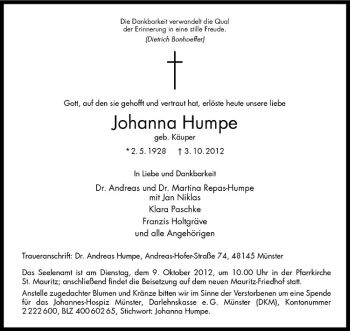 Anzeige von Johanna Humpe von Westfälische Nachrichten