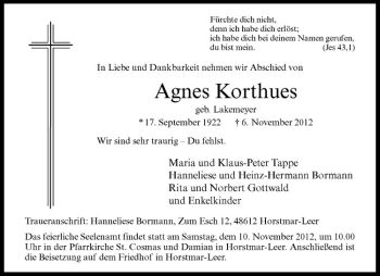 Anzeige von Agnes Korthues von Westfälische Nachrichten