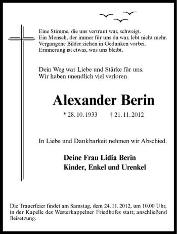 Anzeige von Alexander Berin von Westfälische Nachrichten