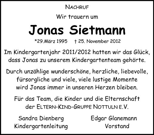  Traueranzeige für Jonas Sietmann vom 01.12.2012 aus Westfälische Nachrichten