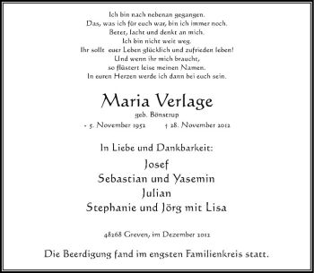 Anzeige von Maria Verlage von Westfälische Nachrichten