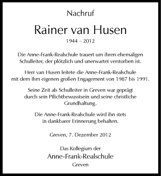  Traueranzeige für Rainer van Husen vom 08.12.2012 aus Westfälische Nachrichten