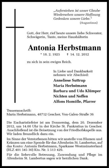 Anzeige von Antonia Herbstmann von Westfälische Nachrichten