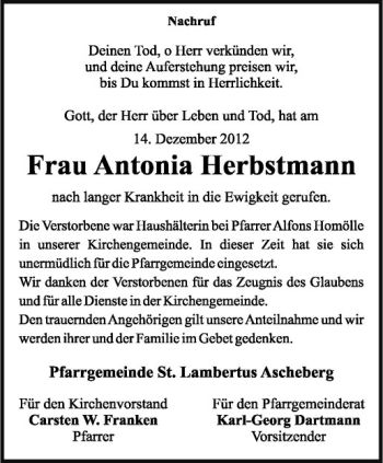 Anzeige von Antonia Herbstmann von Westfälische Nachrichten