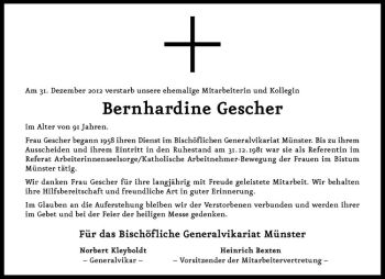 Anzeige von Bernhardine Gescher von Westfälische Nachrichten