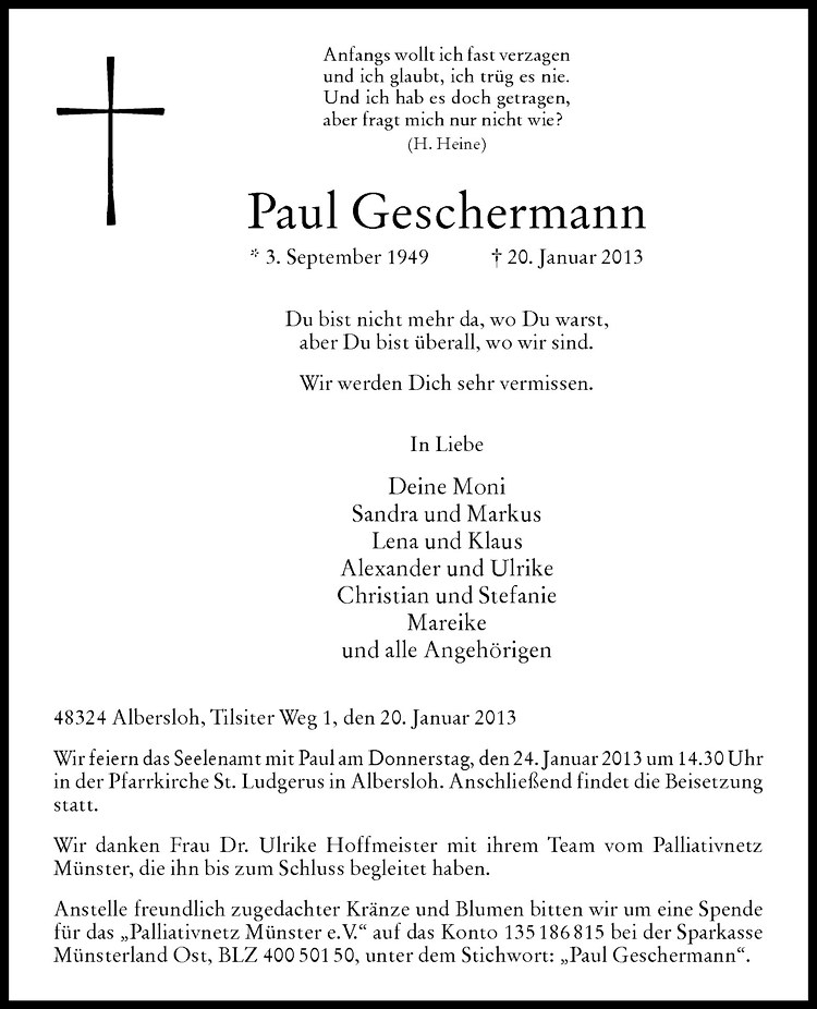  Traueranzeige für Paul Geschermann vom 22.01.2013 aus Westfälische Nachrichten