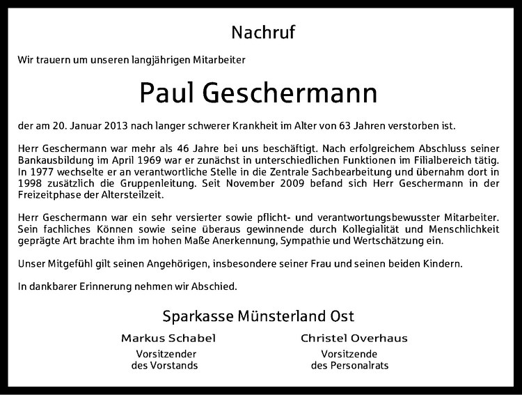  Traueranzeige für Paul Geschermann vom 22.01.2013 aus Westfälische Nachrichten