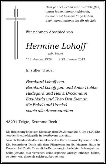 Anzeige von Hermine Lohoff von Westfälische Nachrichten