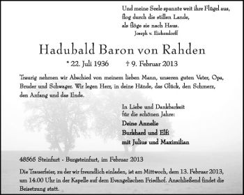 Anzeige von Hadubald Baron von Rahden von Westfälische Nachrichten