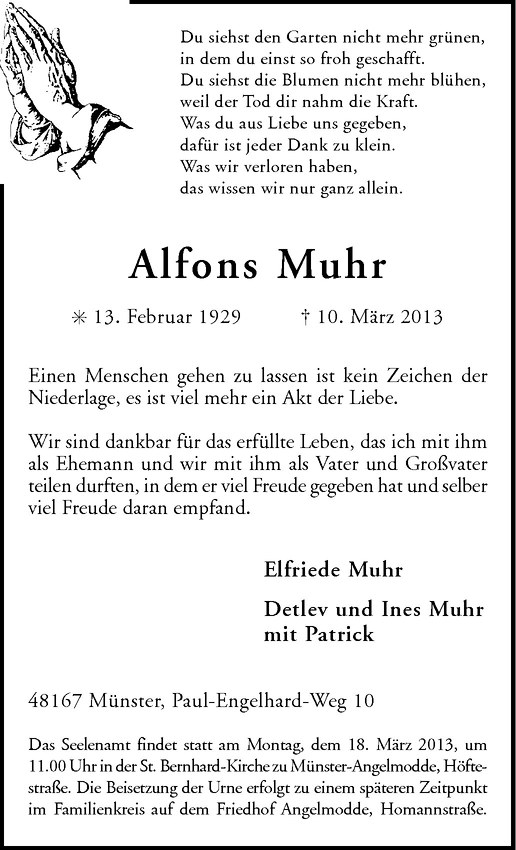  Traueranzeige für Alfons Muhr vom 14.03.2013 aus Westfälische Nachrichten