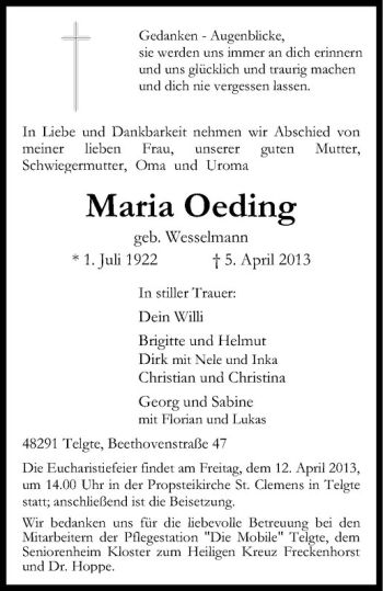 Anzeige von Maria Oeding von Westfälische Nachrichten