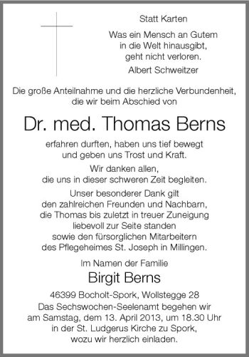 Anzeige von Thomas Berns von Westfälische Nachrichten