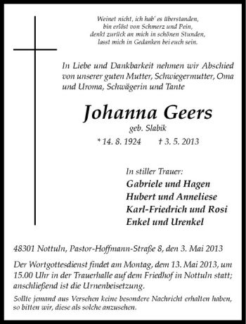 Traueranzeigen von Johanna Geers | www.trauer.ms