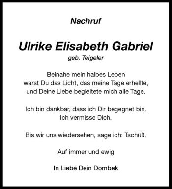 Anzeige von Ulrike Elisabeth Gabriel von Westfälische Nachrichten