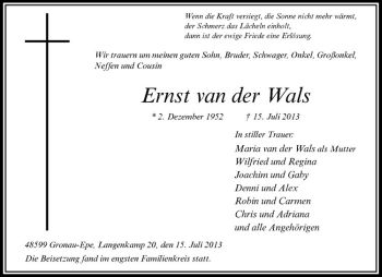 Anzeige von Ernst van der Wals van der Wals von Westfälische Nachrichten