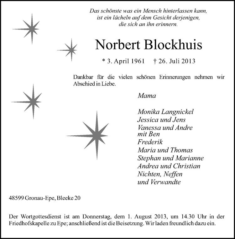  Traueranzeige für Norbert Blockhuis vom 30.07.2013 aus Westfälische Nachrichten