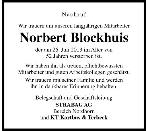  Traueranzeige für Norbert Blockhuis vom 30.07.2013 aus Westfälische Nachrichten