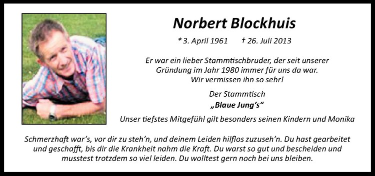  Traueranzeige für Norbert Blockhuis vom 31.07.2013 aus Westfälische Nachrichten