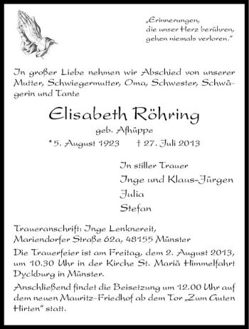 Anzeige von Elisabeth Röhring von Westfälische Nachrichten