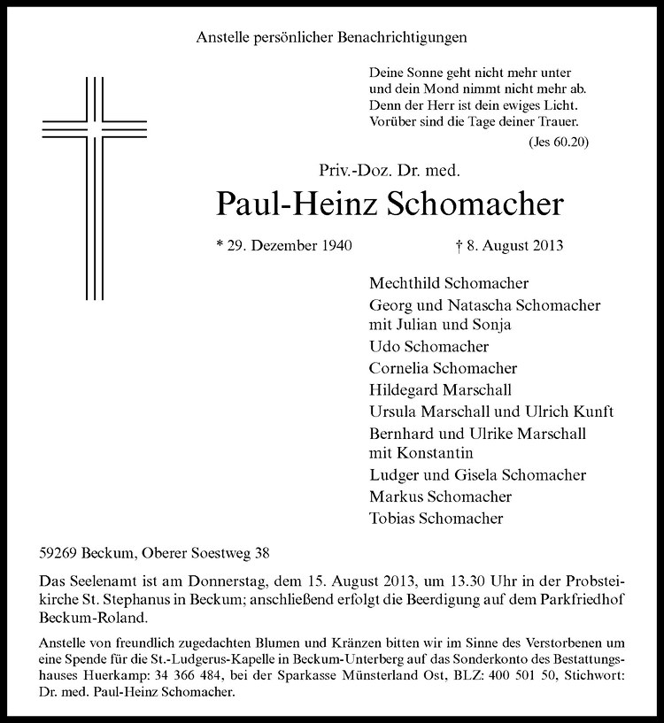  Traueranzeige für Paul-Heinz Schomacher vom 12.08.2013 aus Westfälische Nachrichten