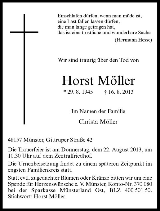  Traueranzeige für Horst Möller vom 20.08.2013 aus Westfälische Nachrichten