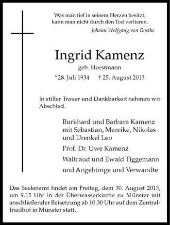 Anzeige von Ingrid Kamenz von Westfälische Nachrichten