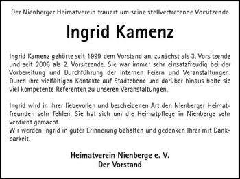 Anzeige von Ingrid Kamenz von Westfälische Nachrichten