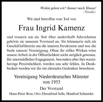 Anzeige von Ingrid Kamenz von Westfälische Nachrichten